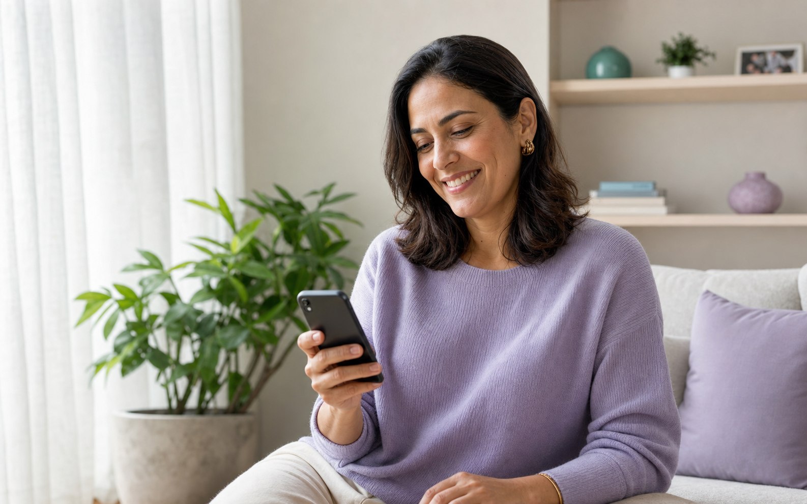 Mulher sorrindo enquanto acessa informações de saúde no celular em casa